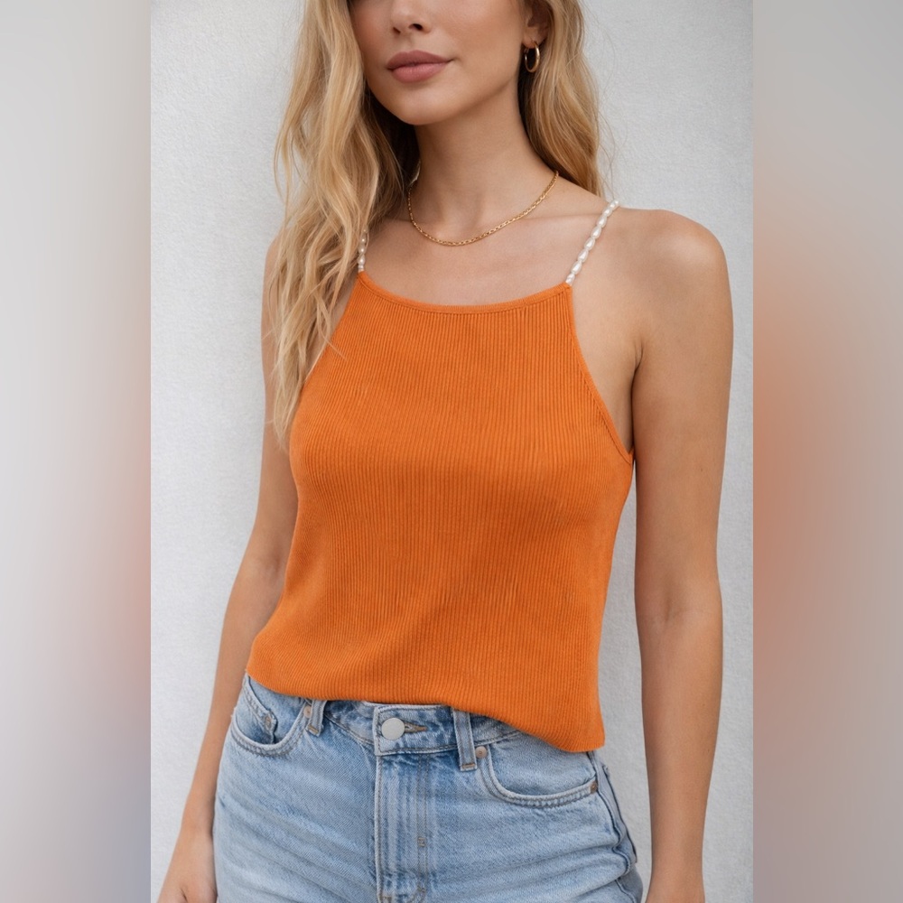 House of Harlow 1960 Knit Embellished Faux Pearl Straps Tank Crop Orange Top S
